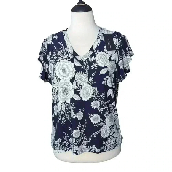 Tommy Hilfiger Women's Suit Separates Medium Floral Top Midnight Ivory V-neck - Picture 1 of 11